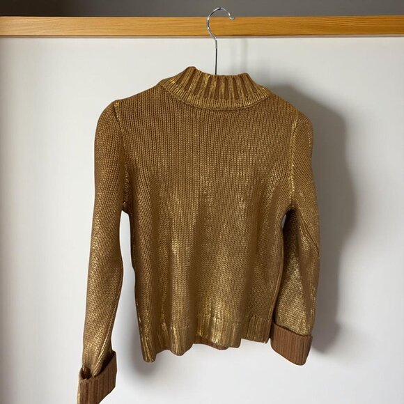 Rachel Roy Metallic Gold Cable Knit Sweater Small Shiny Pullover Mock Neck - Picture 7 of 9